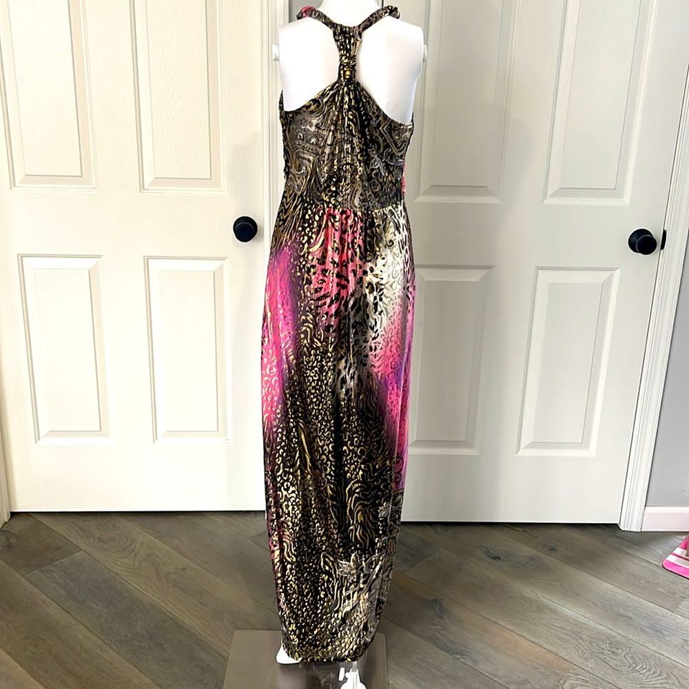 NWOT Pink/Gold Leopard Metallic DeepV Print Racer-Back Basque Waist Maxi Dress-S - Picture 3 of 8
